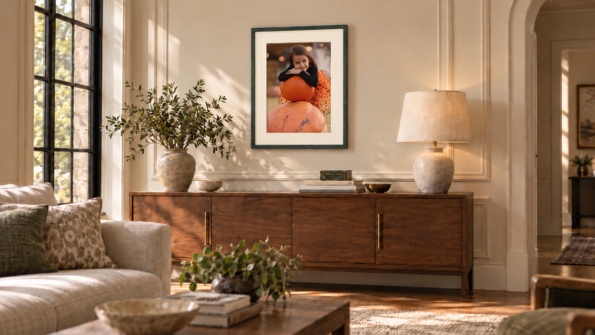 A real fall moment, custom framed and hung, not just saved to a camera roll.