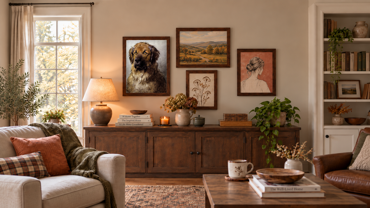 A styled living room interior featuring a gallery wall with three framed art prints above a dark wood sideboard. The prints include a portrait of a dog, a landscape painting, and a portrait of a woman.