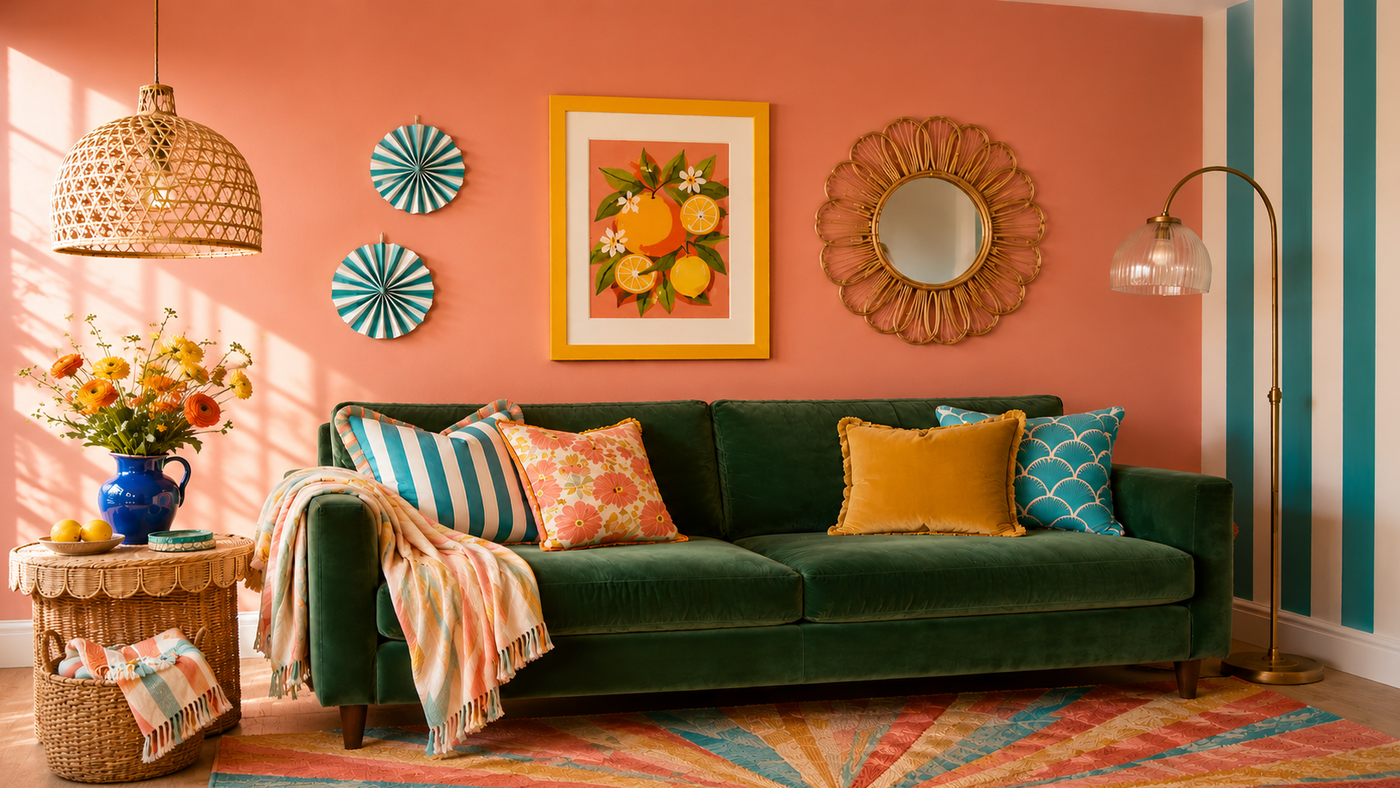 A styled living room scene featuring a deep green velvet sofa with colorful throw pillows and a striped blanket, set against a coral-pink wall with decorative art, a striped accent wall, and a patterned rug.