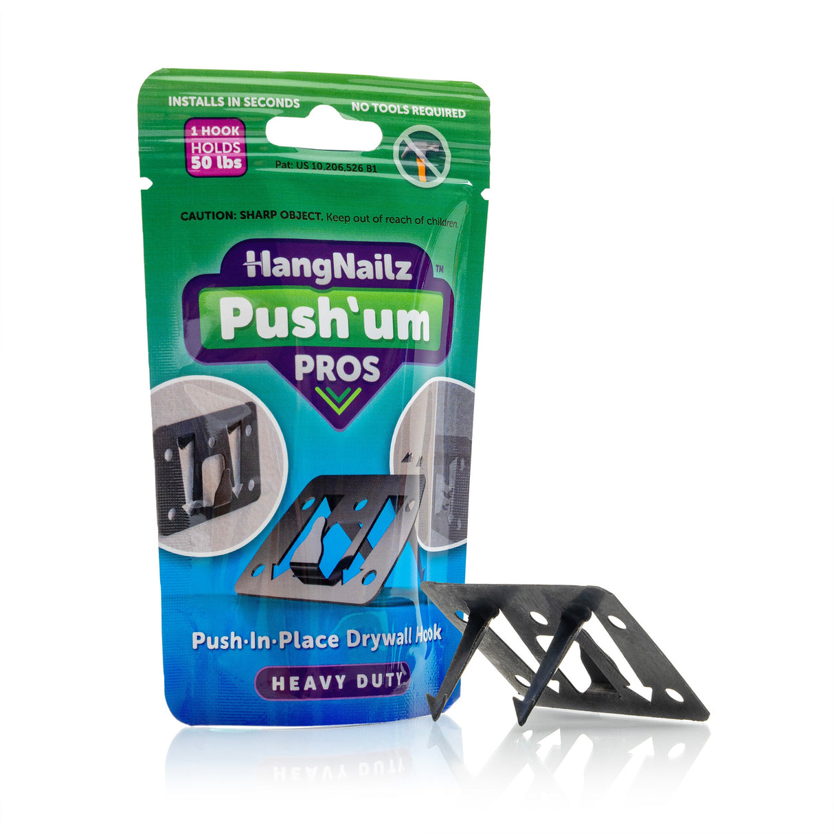 HangNailz Push'um Pros SoloPak – Heavy-Duty Push-In Wall Hook, Single