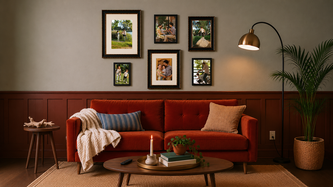 A summer's worth of vacation photos, framed in mixed black and bronze finishes, turning one trip into a wall worth showing off.