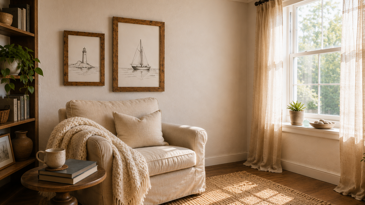A cozy living room corner with a cream upholstered armchair draped with a knitted throw blanket, two framed nautical art prints on the wall, sheer curtains by a sunlit window, and a wooden bookshelf with books and plants.