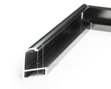 Close-up of a metal corner bracket with dimensions on a white background